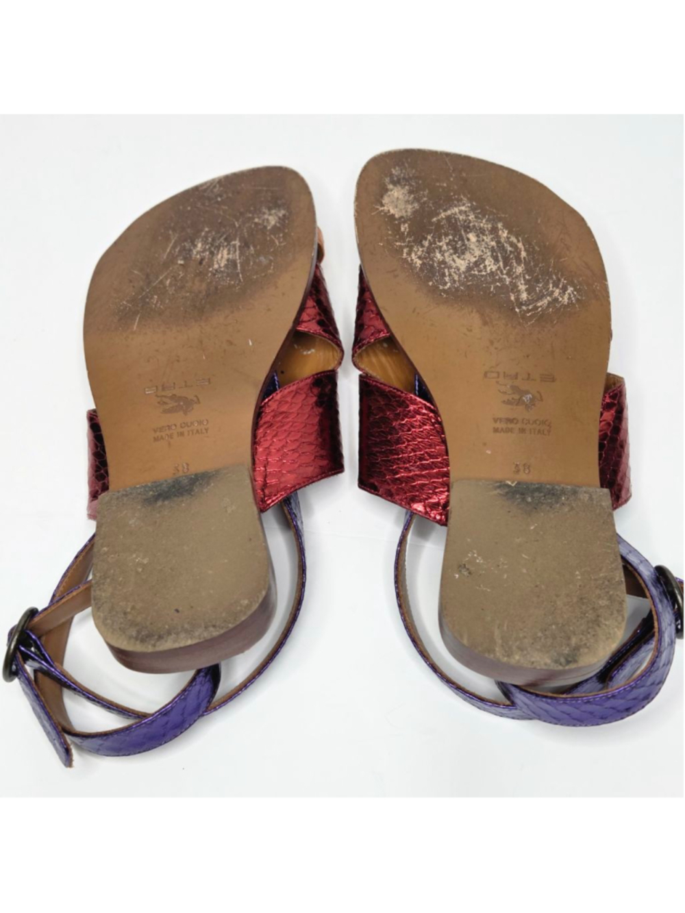 Etro Ayers Metallic Snake Sandals Size 38 US 8 Toe Cross Over Strap Ankle Wrap - Picture 9 of 14